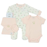 J13911: Baby Pink Ditsy Floral Waffle Fabric 5 Piece Net Bag Gift Set (0-9 Months)